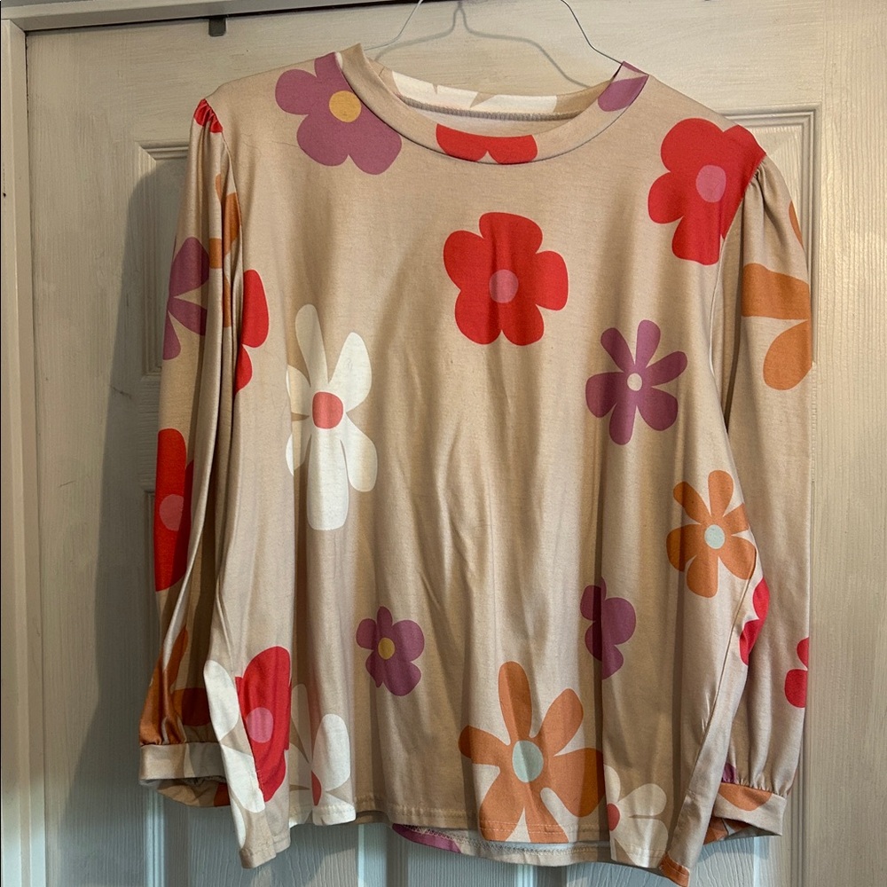 Floral Long Sleeve Tee in Beige with Red & Orange Blooms
